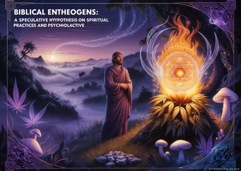 A mystical scene depicting Moses standing before a glowing burning bush in an enchanting landscape at dusk. The scene includes ethereal cannabis leaves and mushrooms illuminated by soft light. The title reads, "Biblical Entheogens: A Speculative Hypothesis on Spiritual Practices and Psychoactive."
