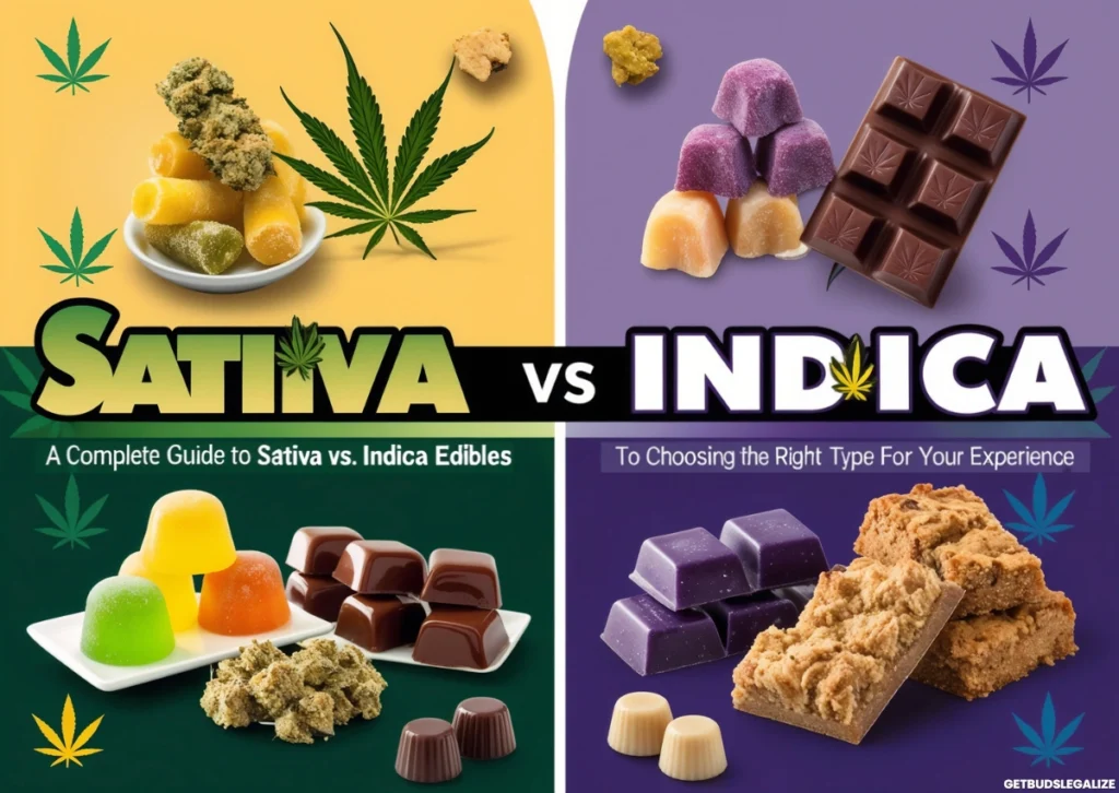 Sativa vs Indica edibles comparison featuring cannabis-infused treats like gummies, chocolates, and baked goods, with vibrant Sativa side in yellow and green, and calming Indica side in purple and blue.