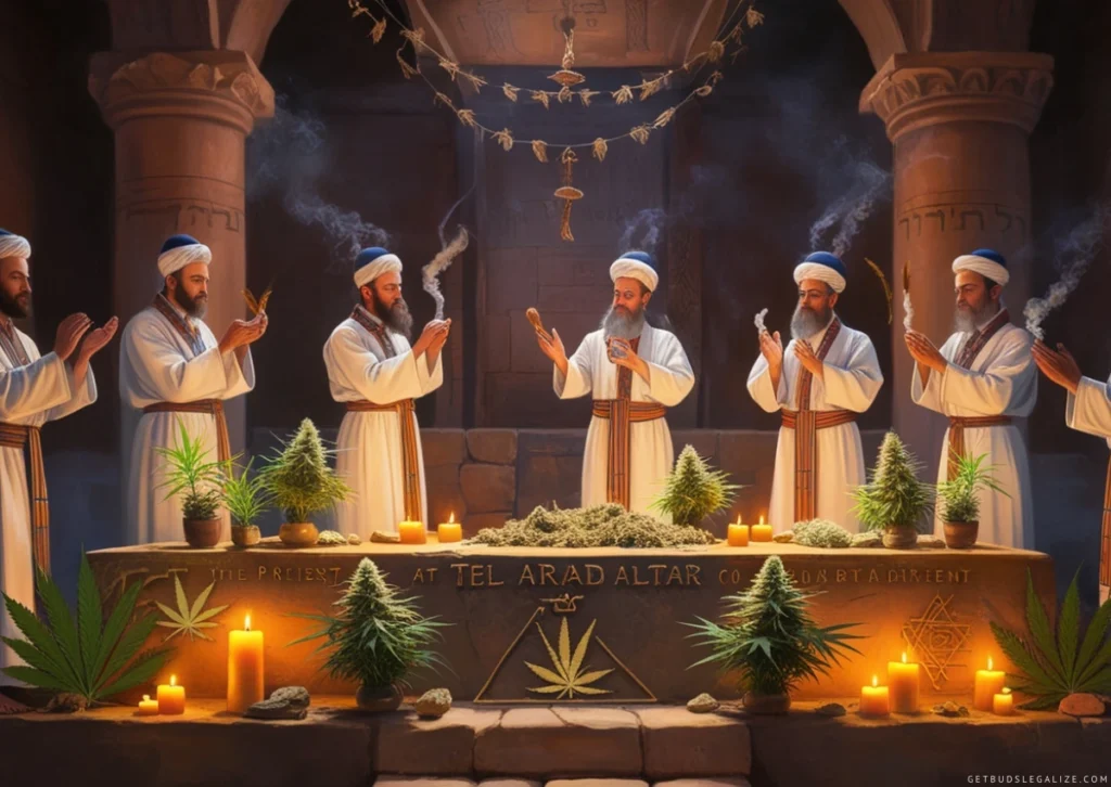 What If God Was One of Us? A Pot Head Perspective 7 An artistic representation of an ancient Israeli altar at Tel Arad, featuring priests in traditional attire conducting a cannabis ritual, surrounded by plants, incense, and ancient symbols illuminated by candlelight.