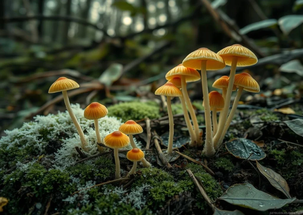Psilocybin Cubensis: How Magic Mushroom Can Help Cure Mental Disorder 15 Ultra-realistic close-up of long-stemmed Psilocybe cubensis mushrooms with small caps growing from dung in a rainforest, glowing softly with a magical golden aura.