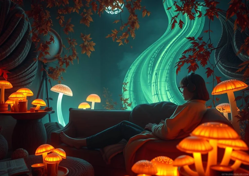 Psilocybin Cubensis: How Magic Mushroom Can Help Cure Mental Disorder 11 Photorealistic image of a calm psilocybin-assisted therapy session, showing a person lying on a couch with an eye mask and headphones, while a therapist sits nearby in a softly lit, warm-toned room with indoor plants and natural decor.