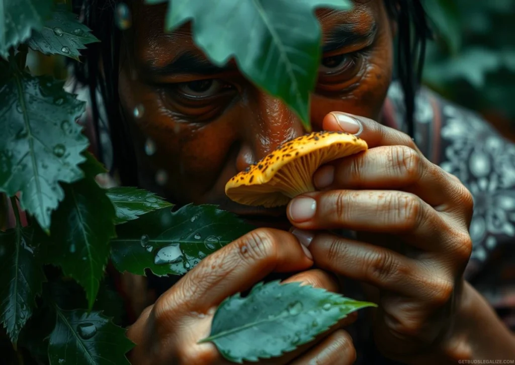 Psilocybin Cubensis: How Magic Mushroom Can Help Cure Mental Disorder 7 A photorealistic image of an Indigenous shaman in traditional attire kneeling in a lush, dense jungle as he carefully picks a Psilocybe cubensis mushroom surrounded by subtle glowing magical effects and cinematic light.