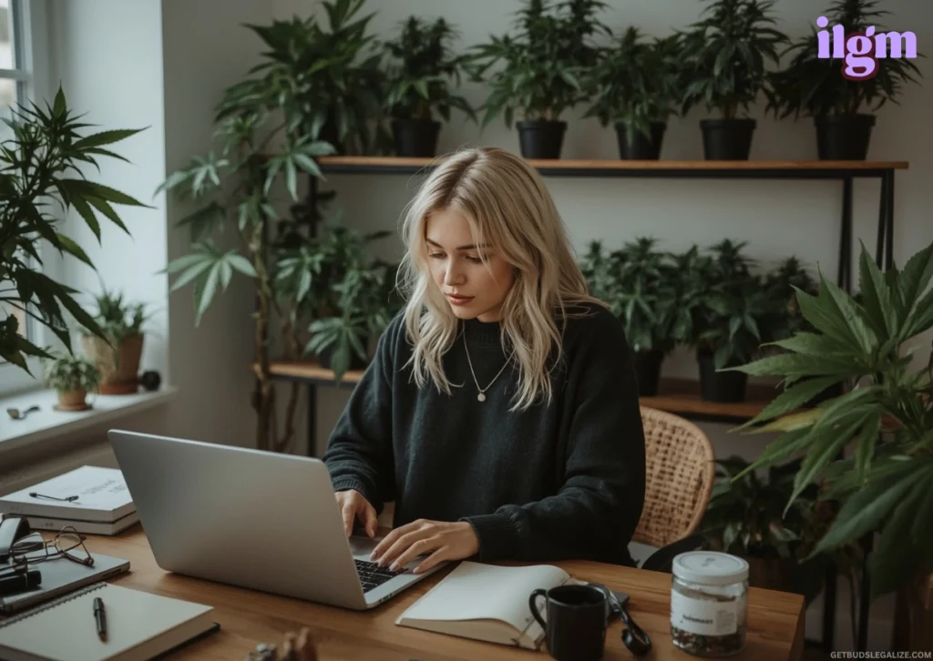 ILGM Seed Bank Review 2025: Why It's a Top Choice for Growers 18 A woman browsing the ILGM website on her Mac PC, surrounded by healthy cannabis plants in a cozy indoor grow room.