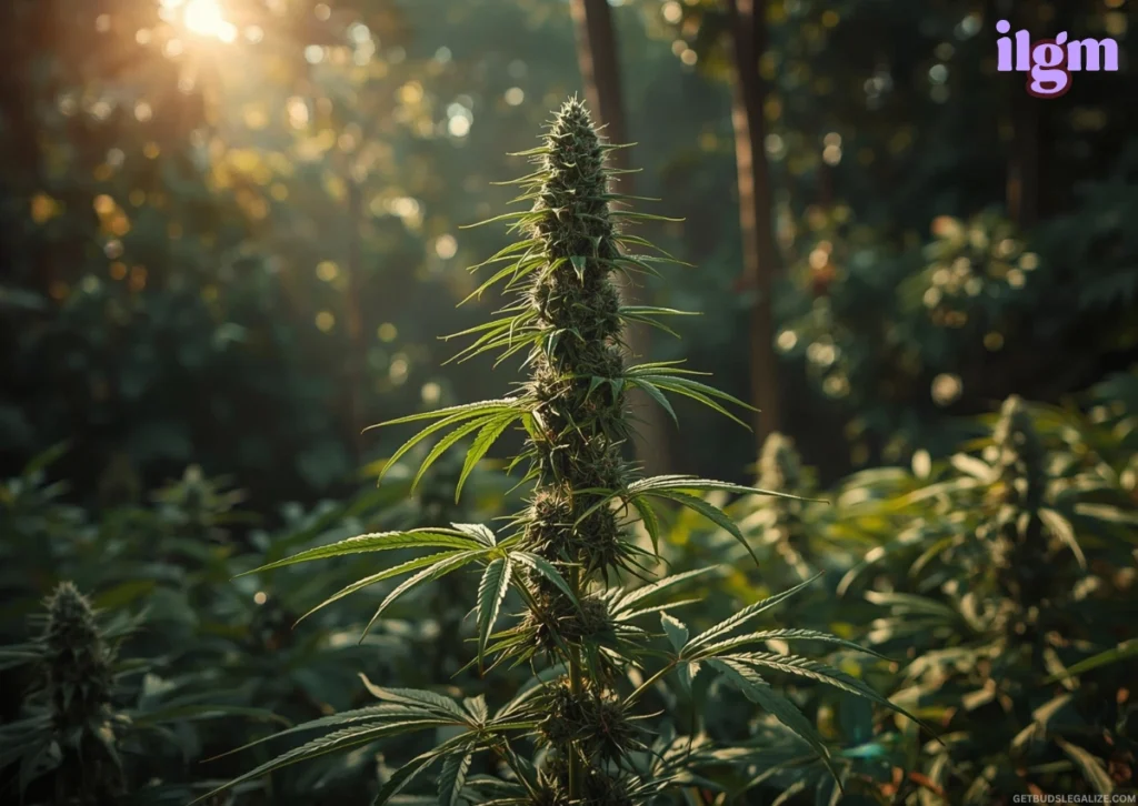 ILGM Seed Bank Review 2025: Why It's a Top Choice for Growers 13 ILGM cannabis plant growing outdoors in a lush equatorial environment, surrounded by vibrant greenery, with sunlight filtering through the dense foliage.