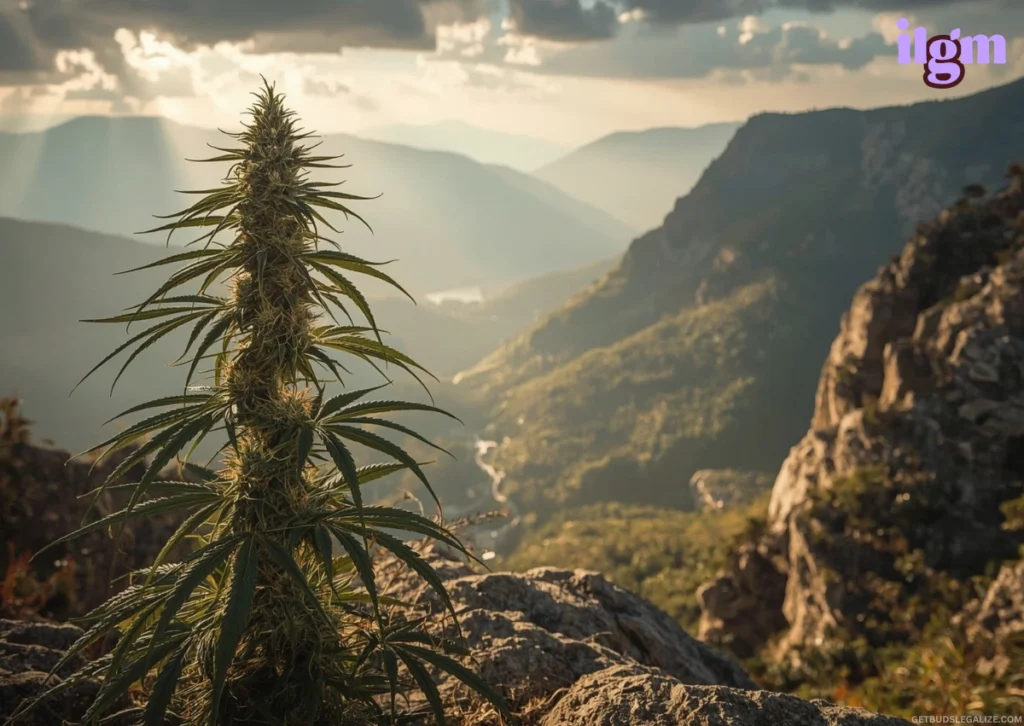 ILGM Seed Bank Review 2025: Why It's a Top Choice for Growers 7 A vibrant Malawi Gold cannabis plant growing on a mountain peak, with sunlight filtering through clouds and casting a golden glow on the plant, overlooking a misty valley below.