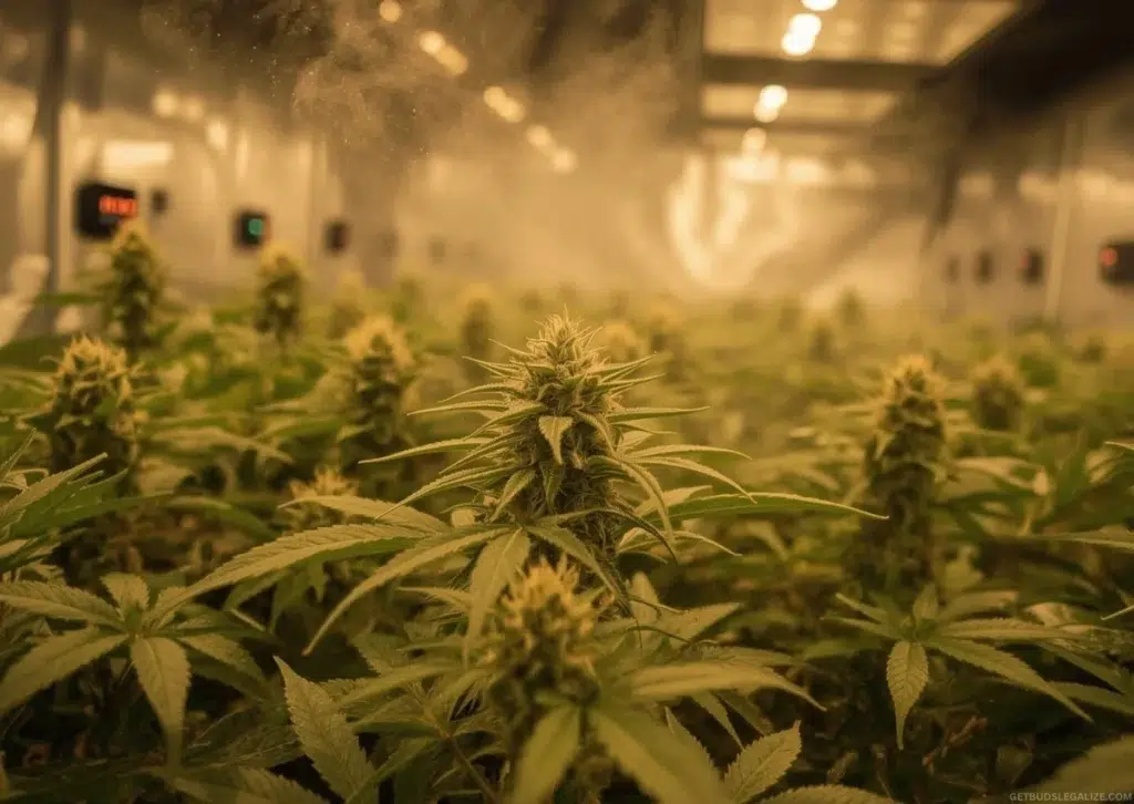 How to Use CO2 for Cannabis Plants: Boost Yield, Quality, and Growth 7 Close-up of vibrant cannabis plants in an indoor grow room with CO₂ mist, glowing under amber-tinted LED lighting. Visible stomata detail on leaves, climate sensors, and stylized light beams evoke active photosynthesis.
