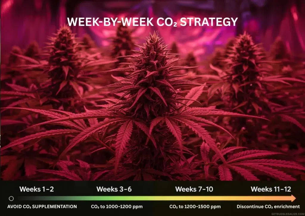 How to Use CO2 for Cannabis Plants: Boost Yield, Quality, and Growth 23 Week-by-week cinematic visualization of CO₂ enrichment in a cannabis grow room, depicting seedling to ripening stages with LED lighting.
