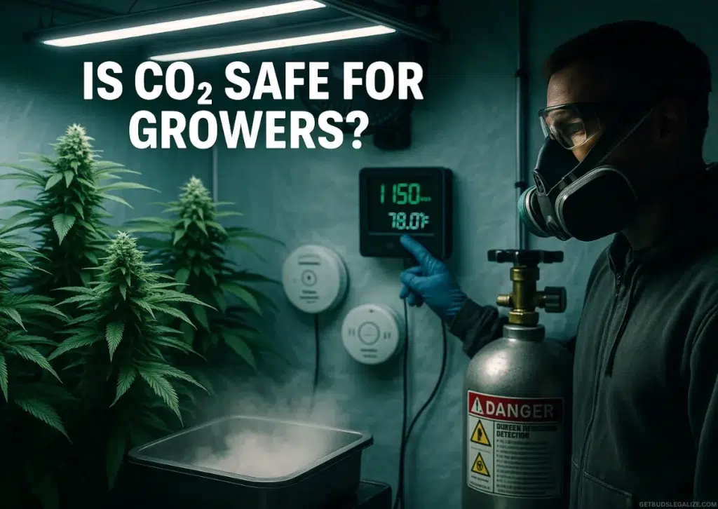 How to Use CO2 for Cannabis Plants: Boost Yield, Quality, and Growth 19 Is CO2 Safe for Growers? Indoor cannabis grow room with digital CO₂ monitor displaying safe levels, protective gear, and ventilation equipment.