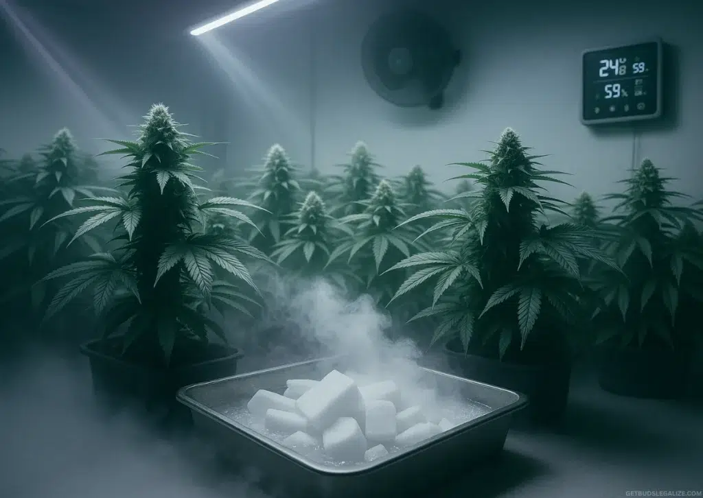 How to Use CO2 for Cannabis Plants: Boost Yield, Quality, and Growth 11 Modern indoor cannabis grow room with lush green plants, soft violet LED lighting, and fog-like vapor from dry ice rising from a shallow tray. A ppm CO₂ meter is mounted on the right wall.