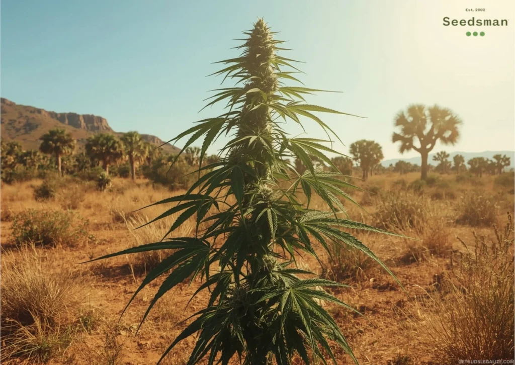 Seedsman Seed Bank Review 2025: Is It Still a Trusted Option? 7 Durban Poison cannabis plant growing outdoors in hot, dry South African climate with tall sativa leaves and early flowering buds