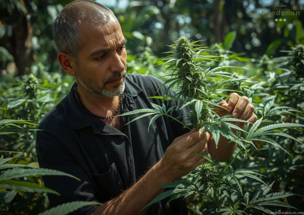 Seedsman Seed Bank Review 2025: Is It Still a Trusted Option? 10 Man inspecting a healthy Seedsman cannabis plant in the middle of a dense outdoor field