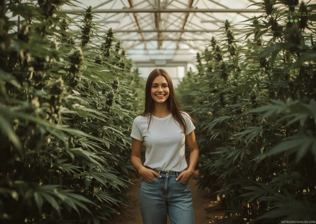 Seedsman Seed Bank Review 2025: Is It Still a Trusted Option? 18 Joyful woman in a sunlit cannabis greenhouse inspecting tall Seedsman plants with radiant green foliage and flowering buds