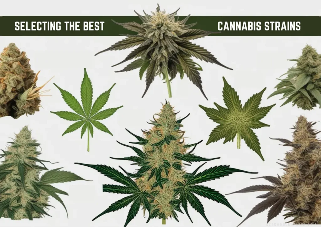 Image showing various top cannabis strains suitable for Deep Water Culture (DWC) hydroponic systems, with each strain labeled and illustrated with its distinctive bud features.