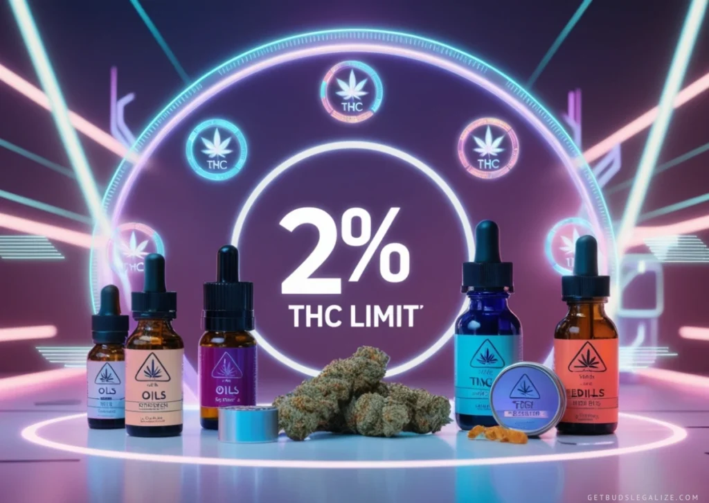 Realistic display of cannabis extracts with '2% THC Limit' labels, featuring oils and edibles in a modern dispensary setting, highlighting Thailand Cannabis Regulations.