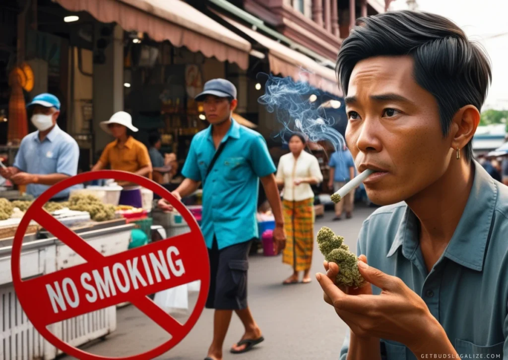 Stylized scene of a person holding a cannabis joint in a park with a red prohibition symbol, emphasizing Thailand Cannabis Regulations against public smoking.