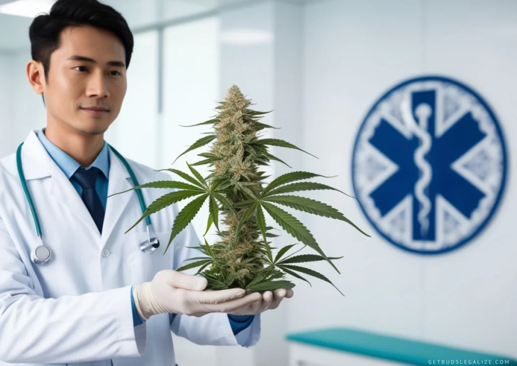 Scene inside a Thai medical clinic featuring a doctor consulting a patient, with a healthy cannabis plant, highlighting the importance of medicinal cannabis in Thailand Cannabis Regulations.