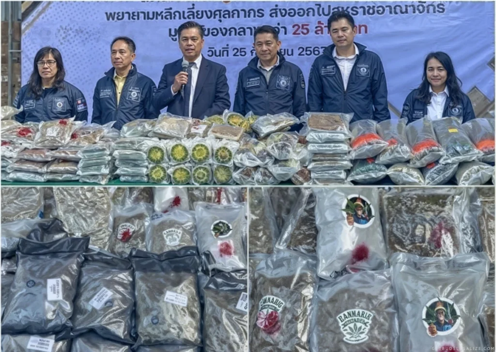 Thai police inspect cannabis packages seized at Laem Chabang port during a major drug bust operation. Laem Chabang cannabis seizure.