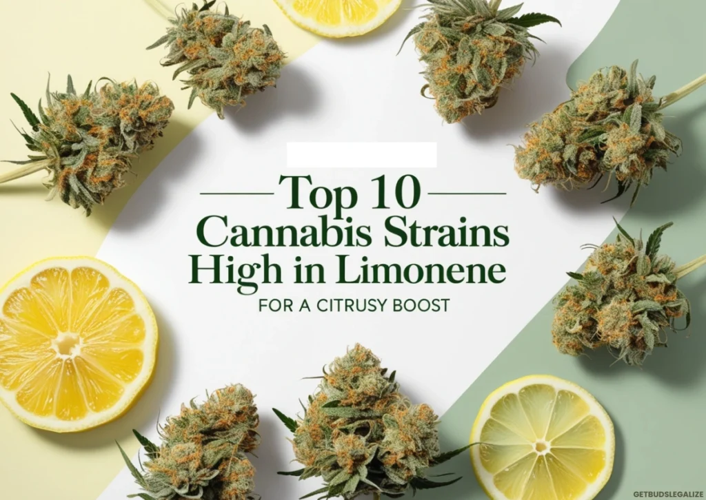 Top 10 Cannabis Strains High in Limonene - A vibrant design featuring cannabis buds and fresh lemon slices, highlighting the citrusy boost from limonene-rich strains.