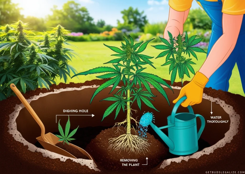 How to Grow Cannabis Outdoors: A Step-by-Step Guide 24 A clean, minimalist infographic showing the steps for transplanting cannabis plants outdoors, including digging a wide hole, gently removing the plant from its container, and backfilling the soil with thorough watering.