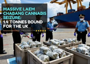 Close-up of sealed bags of cannabis, partially open, stacked in a warehouse with customs officials in the background, their faces not visible. Laem Chabang cannabis seizure