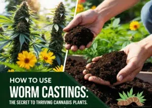 Hands spreading worm castings into the soil of a lush cannabis garden, illustrating natural ways to boost plant health, as explained in the blog 'how to use worm casting in your garden.