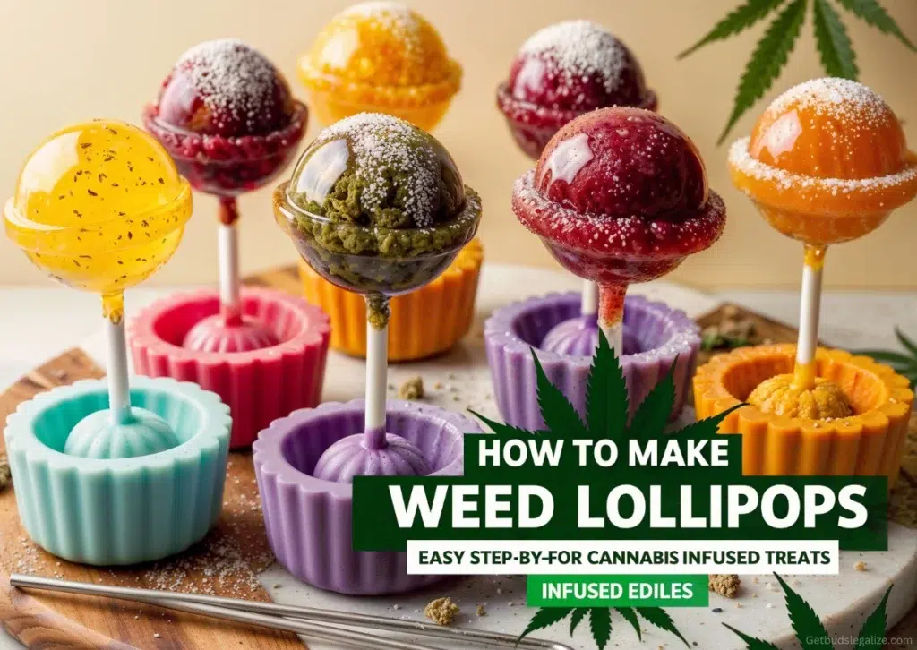 Colorful weed lollipops with fun toppings like edible glitter, sprinkles, and powdered sugar, placed on a marble surface. Text overlay: 'How to Make Weed Lollipops: Easy Step-by-Step Guide for Cannabis Infused Treats.'