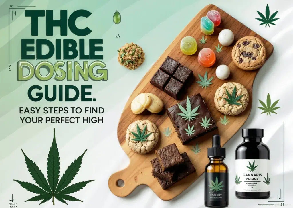 THC Edible Dosing Guide featuring a visually appealing display of cannabis edibles such as gummies, brownies, cookies, and tincture bottles, arranged neatly on a wooden board with a clean green and white background.