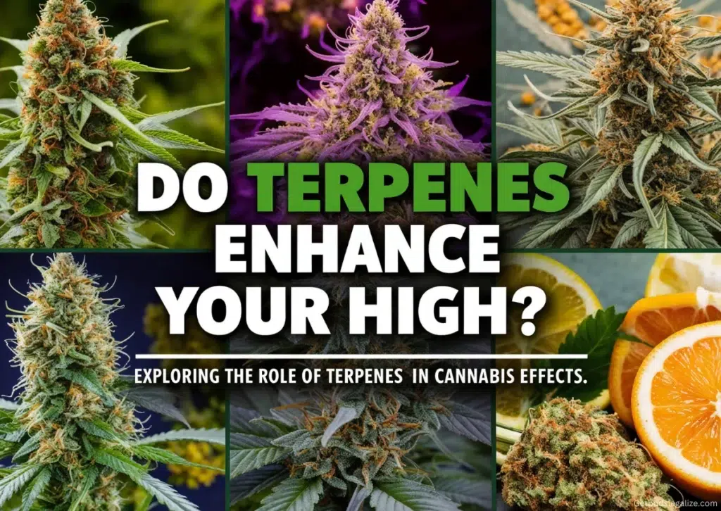 Close-up of cannabis buds with distinct colors and textures, accompanied by abstract representations of terpenes, highlighting their influence on the cannabis experience. Blog title: 'Do Terpenes Enhance Your High? Exploring the Role of Terpenes in Cannabis Effects.