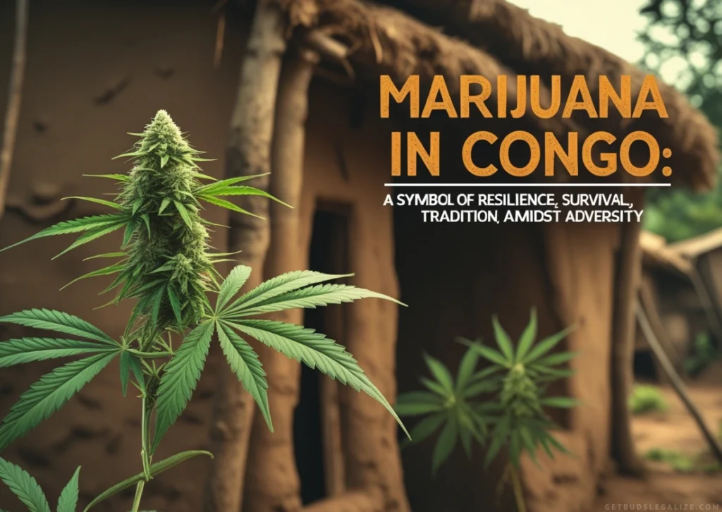 A vibrant cannabis plant in the foreground, with a traditional Congolese mud house in a village setting as the background, highlighting the resilience and cultural importance of marijuana in Congo. Title: "Cannabis in Congo: A Lifeline of Tradition and Survival."