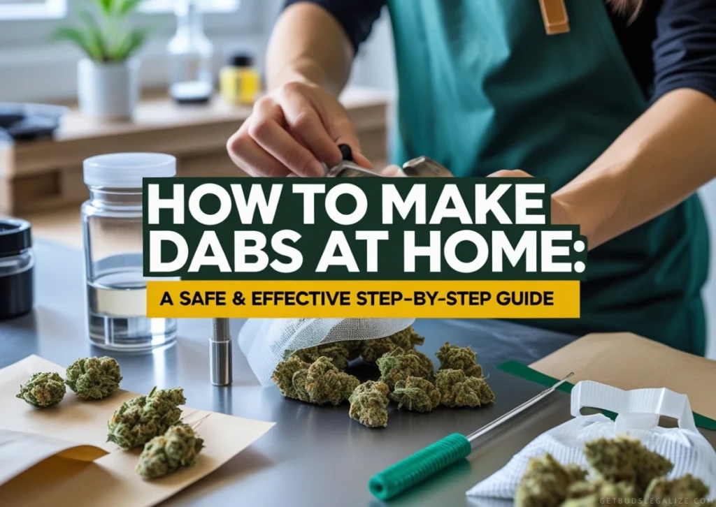 A step-by-step guide on how to make dabs at home safely, featuring a clean workspace with a rosin press, parchment paper, and cannabis concentrates. Bold, eye-catching title text is displayed prominently.