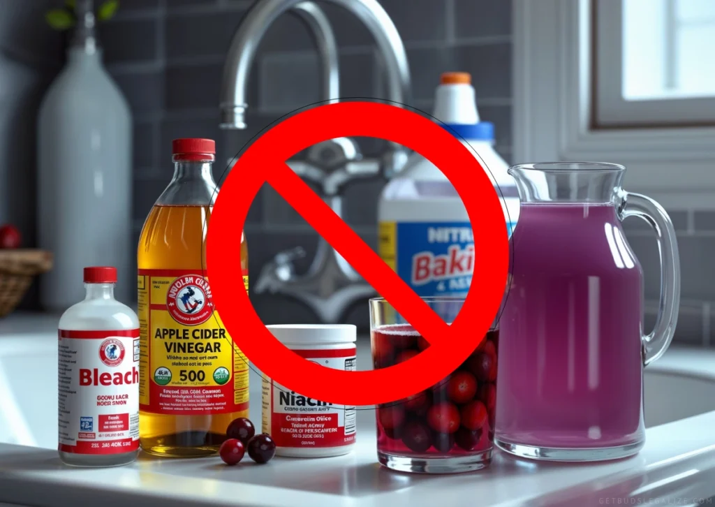 A kitchen counter displaying common but ineffective home remedies for passing a drug test, including apple cider vinegar, cranberry juice, niacin supplements, and excessive water. A bleach bottle and baking soda box in the background are marked with a warning sign, emphasizing the dangers of unsafe detox methods.