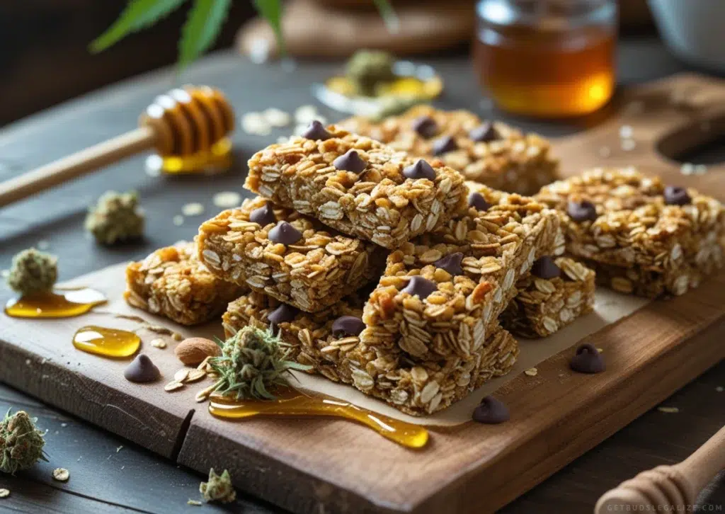 Homemade cannabis-infused granola bars with oats, nuts, and chocolate chips, displayed on a wooden cutting board with cannabis buds nearby.