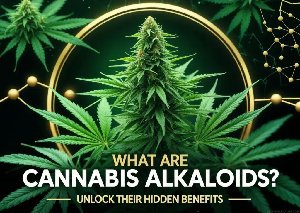 What Are Cannabis Alkaloids? A deep dive into their role, benefits, and untapped potential, featuring a vibrant cannabis plant with scientific elements.