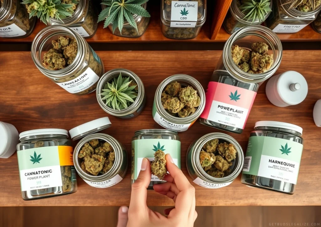 A well-lit dispensary counter displaying labeled jars of cannabis strains known for curbing the munchies, including Cannatonic, Power Plant, Red Congolese, CBD Black Diesel, and Harlequin. A budtender’s hand is seen selecting a strain, emphasizing the importance of choosing appetite-suppressing cannabis varieties.