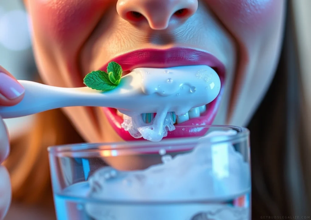 A close-up of a person brushing their teeth with a minty toothpaste, creating a foamy lather. A bottle of mouthwash and a glass of water sit on the bathroom counter, while a plate of cookies in the background is slightly blurred, emphasizing how minty freshness can curb cravings.