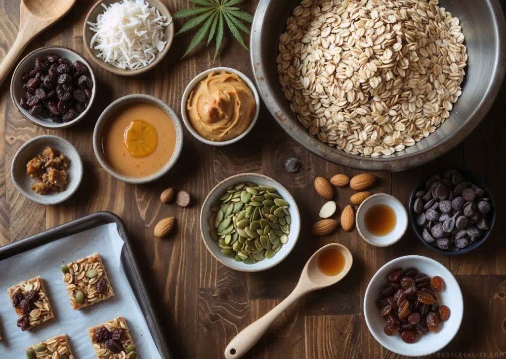 A top-down view of ingredients for making cannabis-infused granola bars, including oats, melted cannabutter, peanut butter, almonds, brown sugar, and honey, displayed on a wooden kitchen countertop.