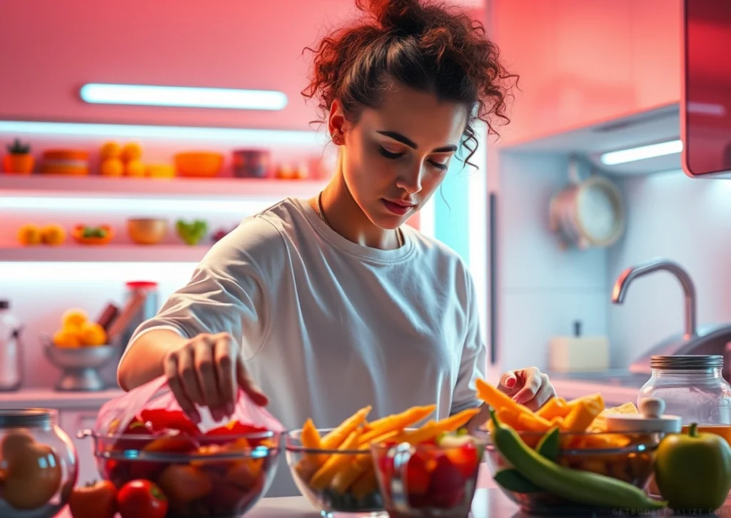 A person clearing out junk food from their kitchen pantry, removing a bag of chips and cookies while replacing them with healthier options like fresh fruit, Greek yogurt, and nuts. The fridge or pantry is neatly organized with nutritious snacks, promoting mindful eating.