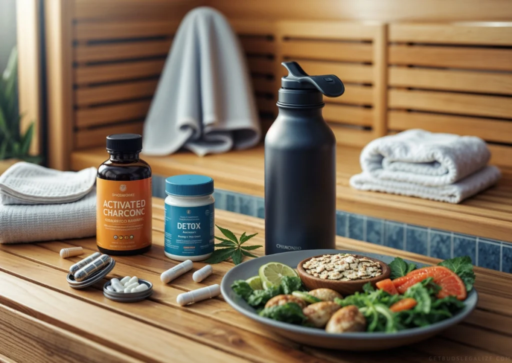 A photorealistic image of a detox setup for frequent cannabis users. The scene features a wooden table with activated charcoal supplements, a detox kit, a large water bottle, and herbal capsules. A sauna bench and a fitness towel are in the background, emphasizing sweating as a detox method. A plate of lean protein, fresh vegetables, and fiber-rich foods is also present, highlighting the role of diet in detoxification. The setting is warm and inviting, promoting a clean and health-conscious lifestyle.