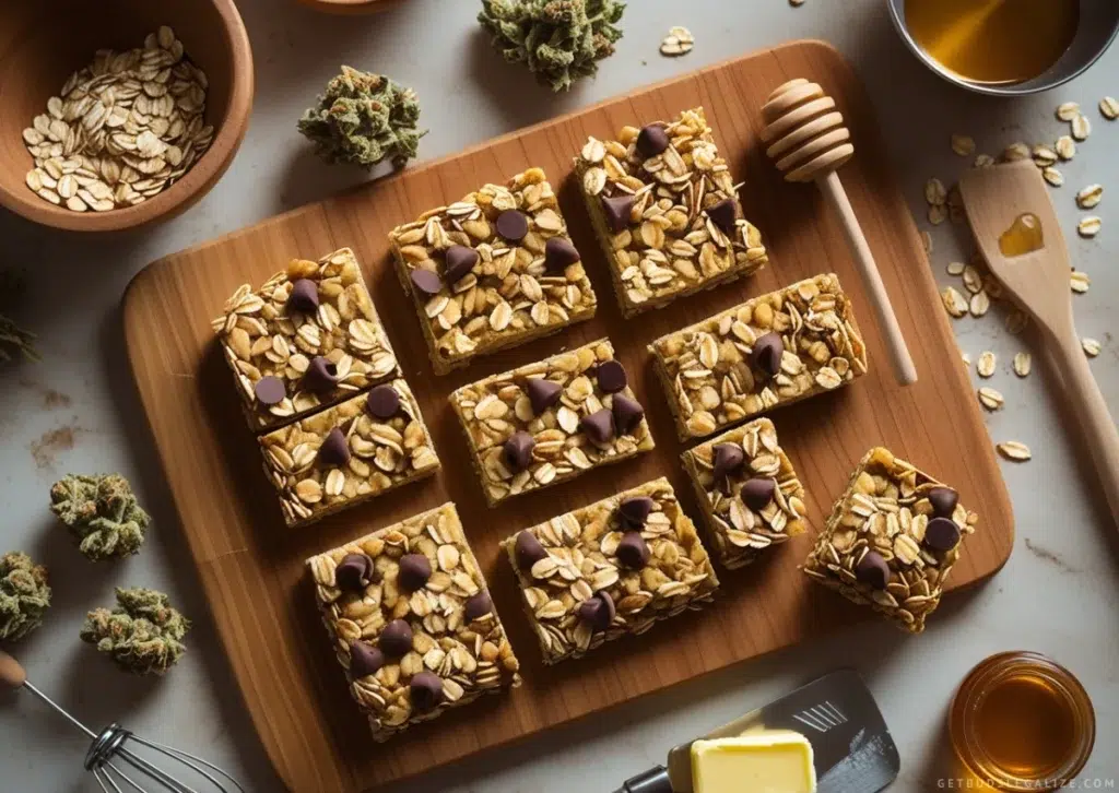 Freshly made cannabis-infused granola bars on a wooden cutting board, surrounded by kitchen tools, cannabis buds, and a steaming cup of coffee.