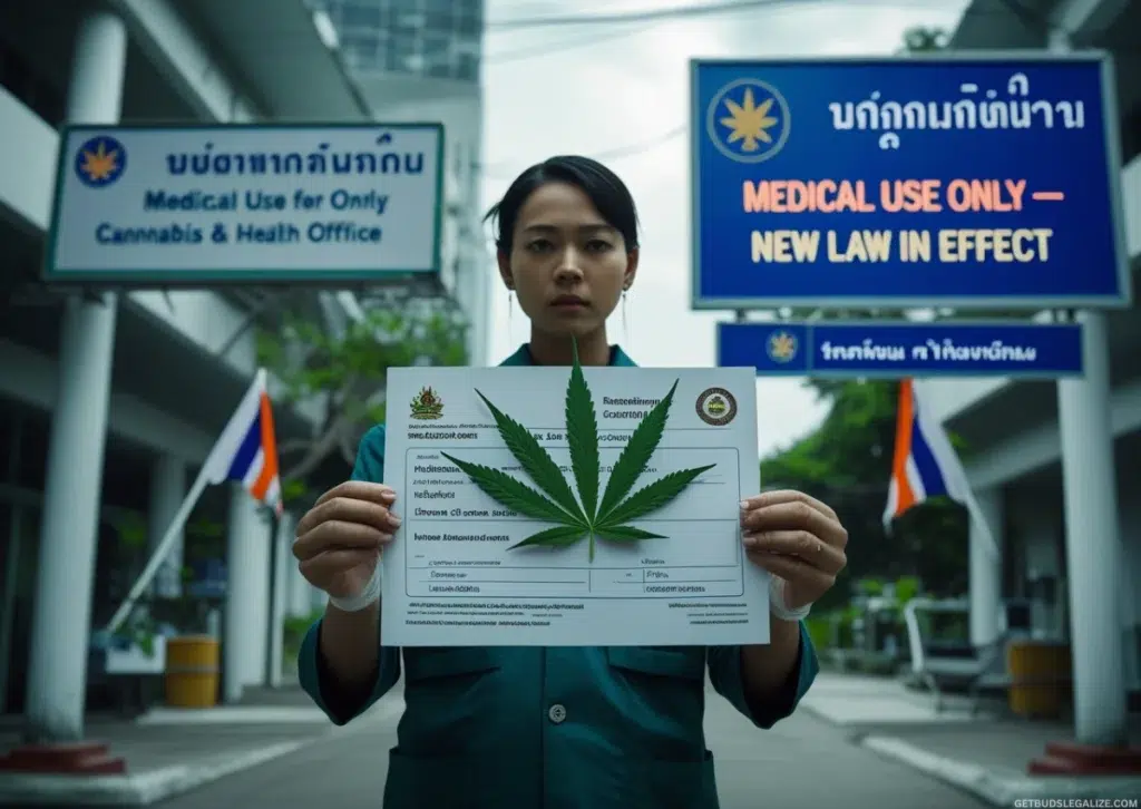 Thailand Medical Cannabis Regulations 2025 — person holding a medical certificate and cannabis leaf outside a government health office in Bangkok, symbolizing the new legal requirement for medical cannabis use.