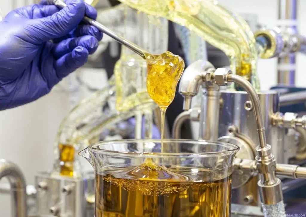 How to Make Cannabis Distillate at Home (Step-by-Step Guide) 14 Cannabis distillate in a glass container inside a professional laboratory setup with extraction tools