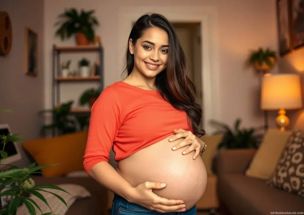 Cannabis for Women’s Health: Natural PMS and Menopause Relief for Hormonal Balance 18 Pregnant woman sitting calmly in a softly lit room with wellness items including a CBD oil bottle nearby, representing thoughtful and moderate cannabis use during pregnancy and postpartum.