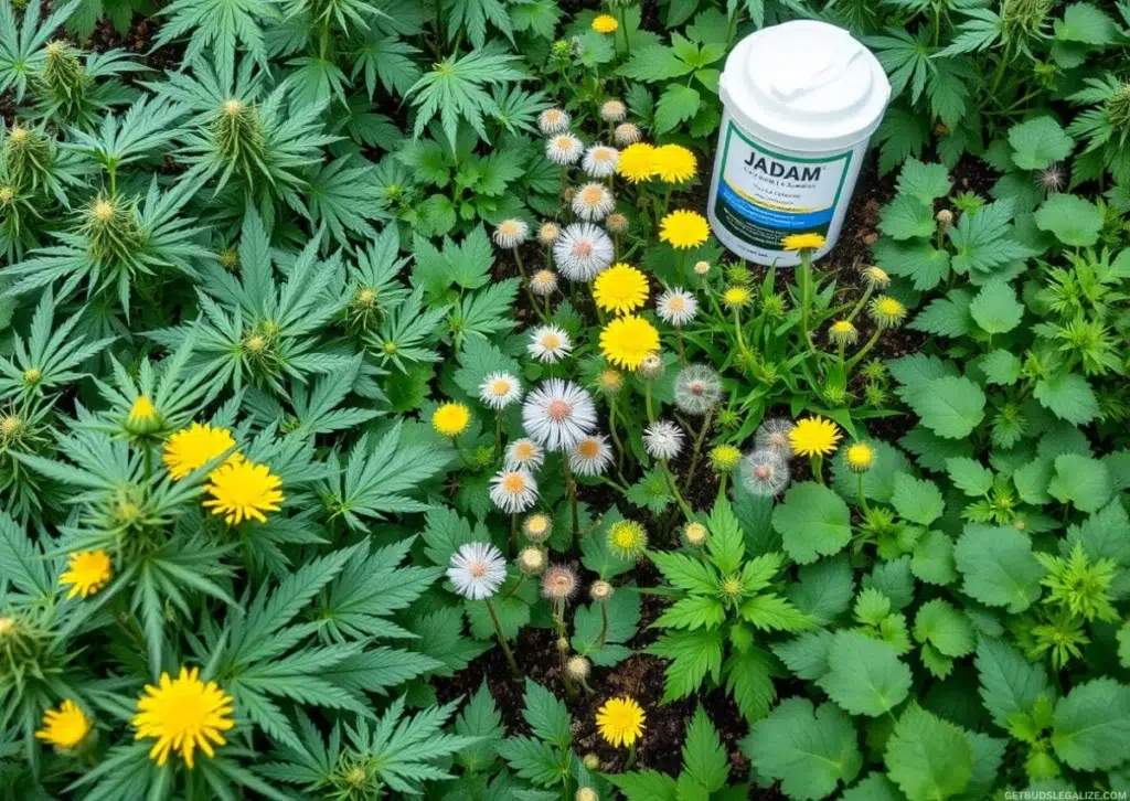Grow Organic Cannabis with the JADAM Method – Cheap & Chemical-Free 16 Dynamic accumulator plants like comfrey, nettle, dandelion, and yarrow growing around cannabis plants, with some chopped as mulch and a container of fermented liquid fertilizer nearby.