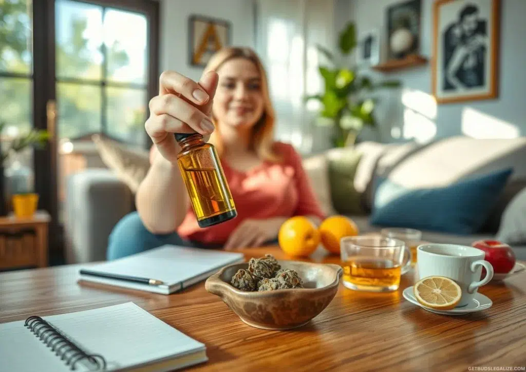 How to Ease Back Into Cannabis Consumption After a Tolerance Break 8 A peaceful indoor scene showing a person mindfully reintroducing cannabis after a tolerance break. The setting includes soft lighting, a cannabis tincture or vape pen, a journal, a glass of water, and a small dish of CBD-rich cannabis flowers—illustrating how to ease back into cannabis consumption after a tolerance break.