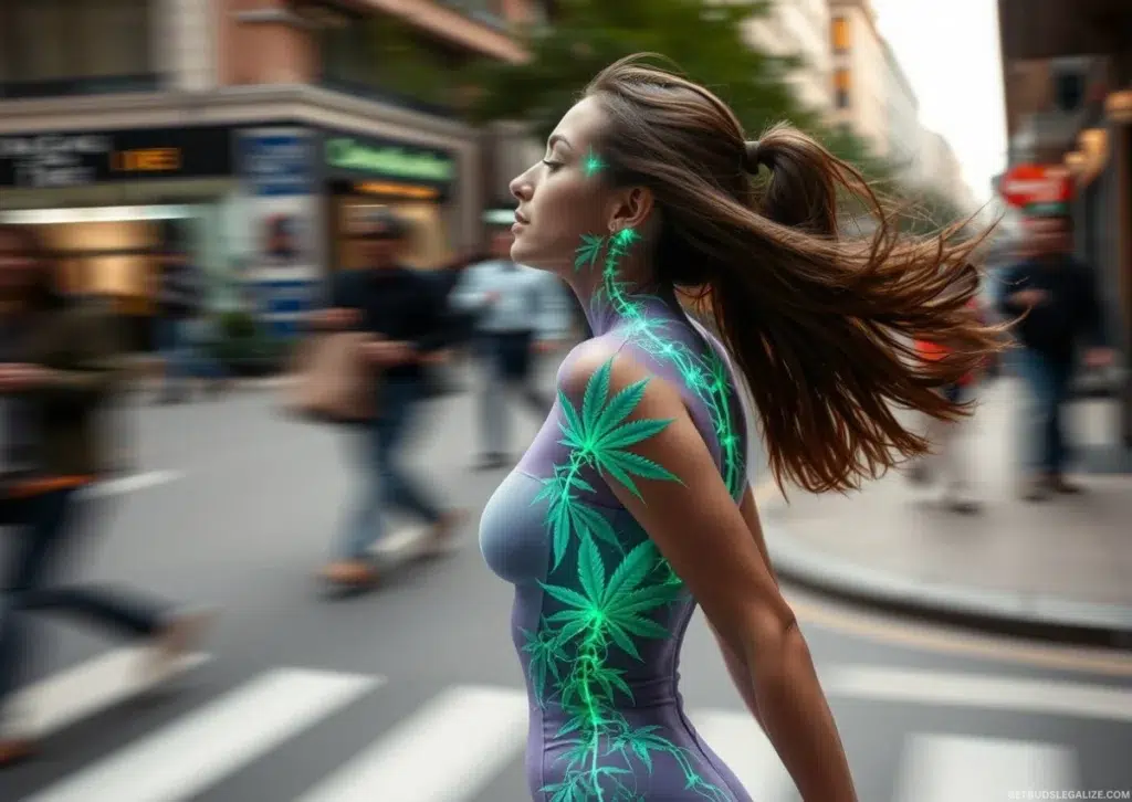 Cannabis for Women’s Health: Natural PMS and Menopause Relief for Hormonal Balance 7 Realistic image of a semi-transparent female body with a glowing endocannabinoid system, surrounded by cannabis leaves and soft sparkles, representing the connection between cannabis and women’s health.