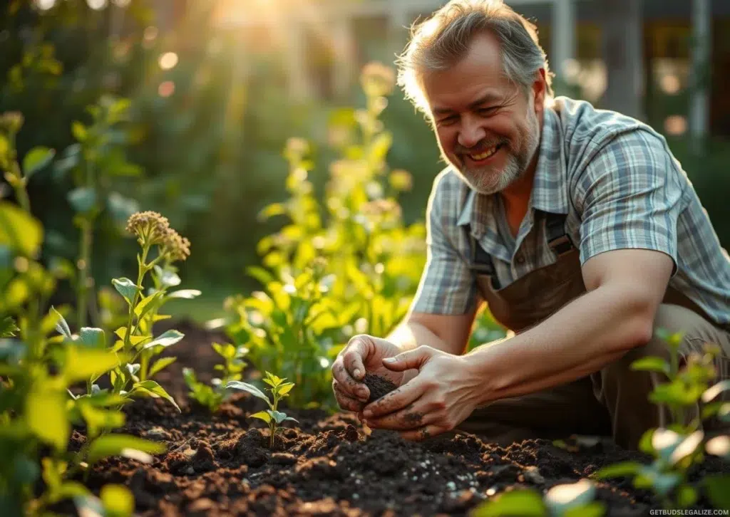 How to Get High Naturally: 9 Drug-Free Ways to Boost Your Mood 10 Adult gardener smiling while planting herbs in rich soil with dirt-covered hands, symbolizing natural serotonin boost.