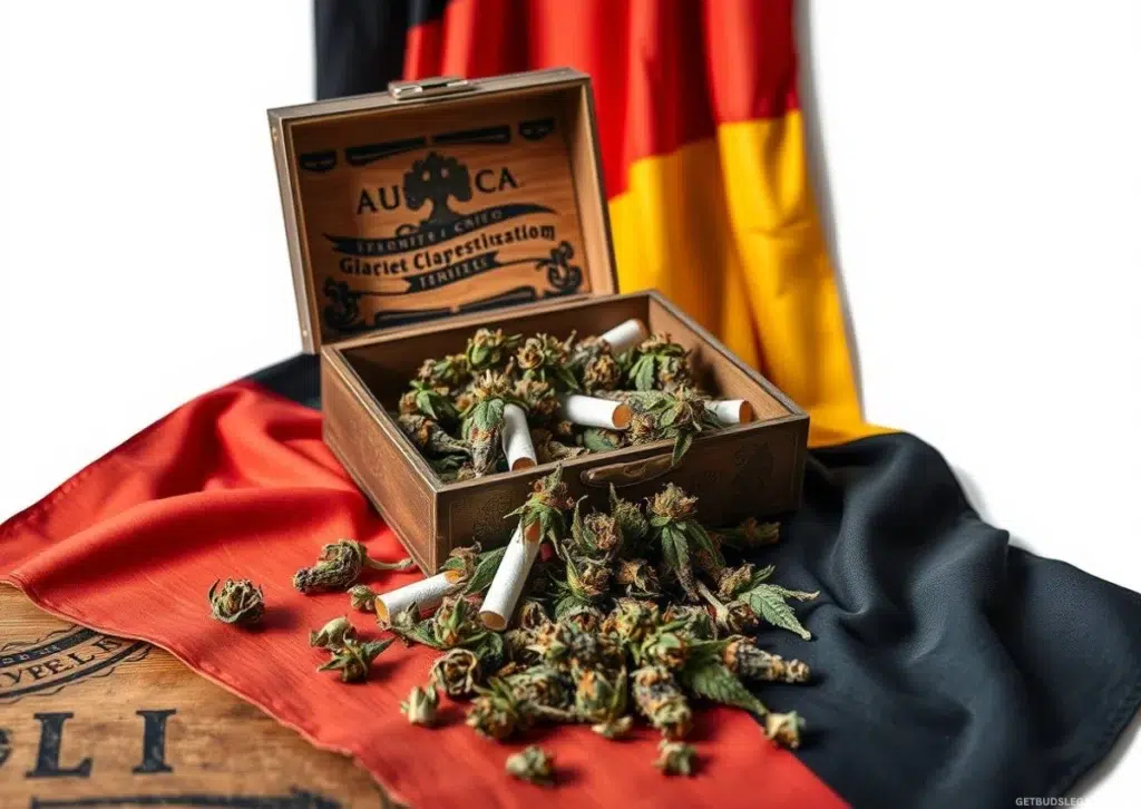 Germany Reclassifies Zero-THC Hemp Flowers as Tobacco 11 Open cigarette box with hemp flowers on a table draped with the German flag, symbolizing the reclassification of zero-THC hemp as tobacco.