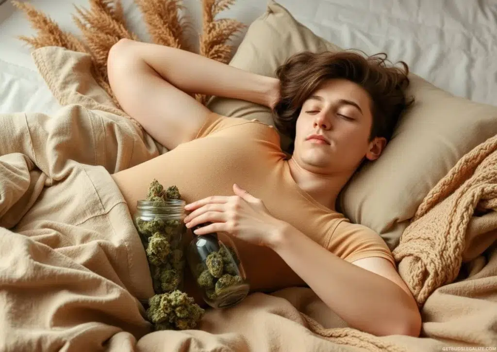 How to Ease Back Into Cannabis Consumption After a Tolerance Break 12 A serene indoor setting showing a person peacefully relaxing with cannabis flowers nearby, symbolizing how to ease back into cannabis consumption after a tolerance break with heightened sensitivity, richer sensory experiences, and longer-lasting effects.