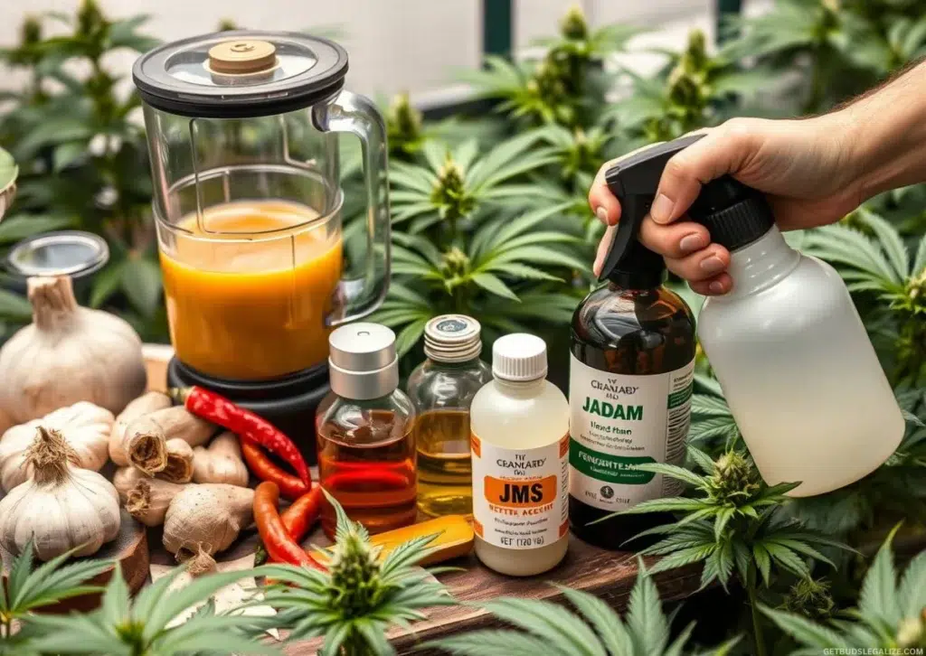 Grow Organic Cannabis with the JADAM Method – Cheap & Chemical-Free 10 Natural pesticide ingredients (garlic, ginger, chili) and JADAM solution beside cannabis plants being sprayed in an organic garden.
