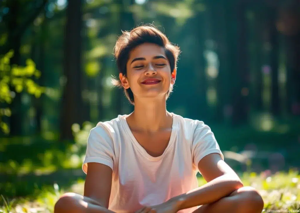 How to Get High Naturally: 9 Drug-Free Ways to Boost Your Mood 7 Calm person meditating peacefully in a sunlit forest clearing surrounded by gentle glowing light orbs, symbolizing natural euphoria and inner harmony.